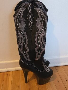 Ellie Black Western Embroidered Platform Knee-High Boots